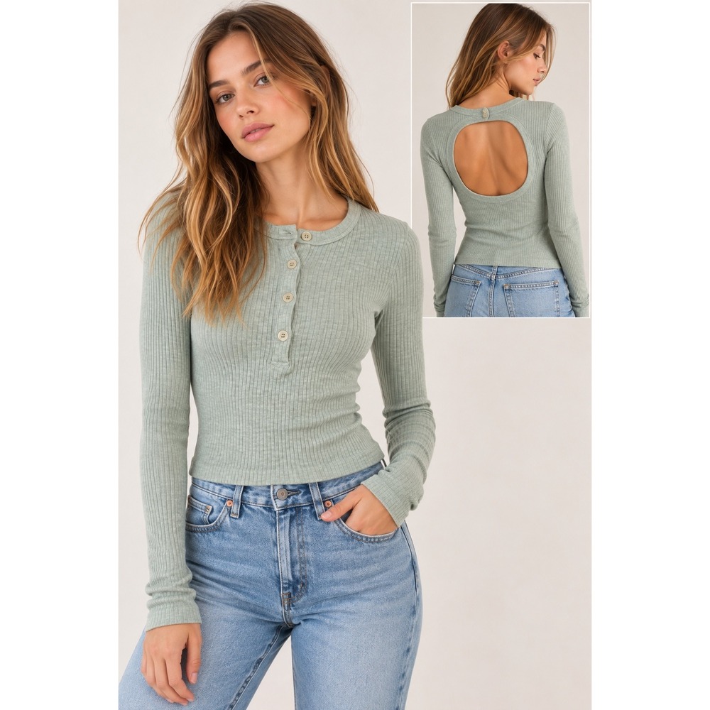 Citizens of Humanity Sage Green Ribbed Open Back Henley Top XS